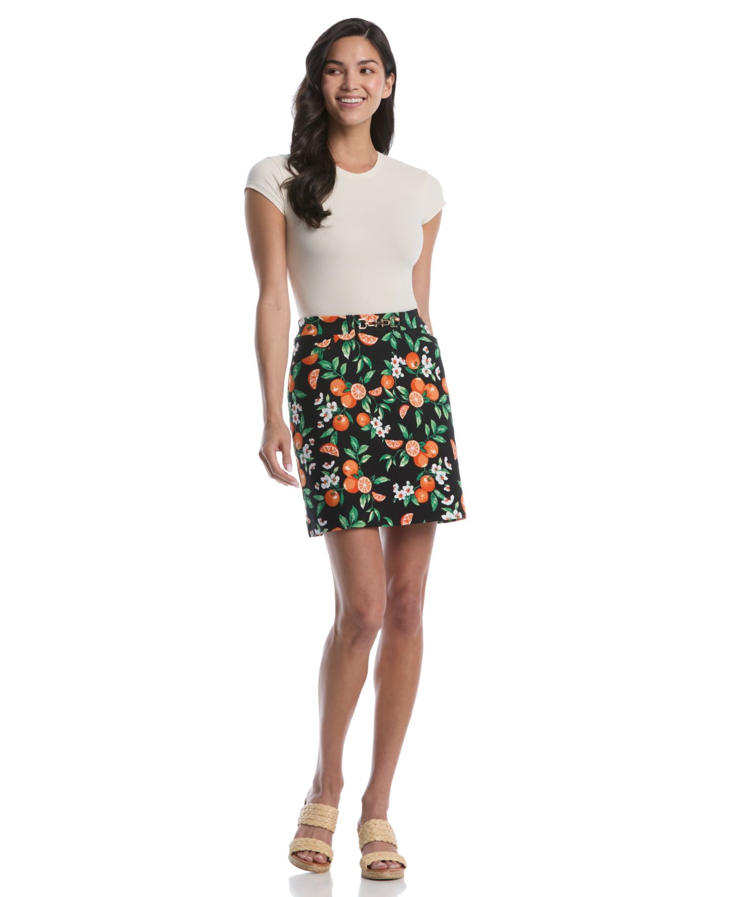 Petite Orange Print Horse Bit Belted Skort