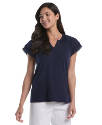 Petite Eyelet Flutter-Sleeve Split Neck Short-Sleeve Top