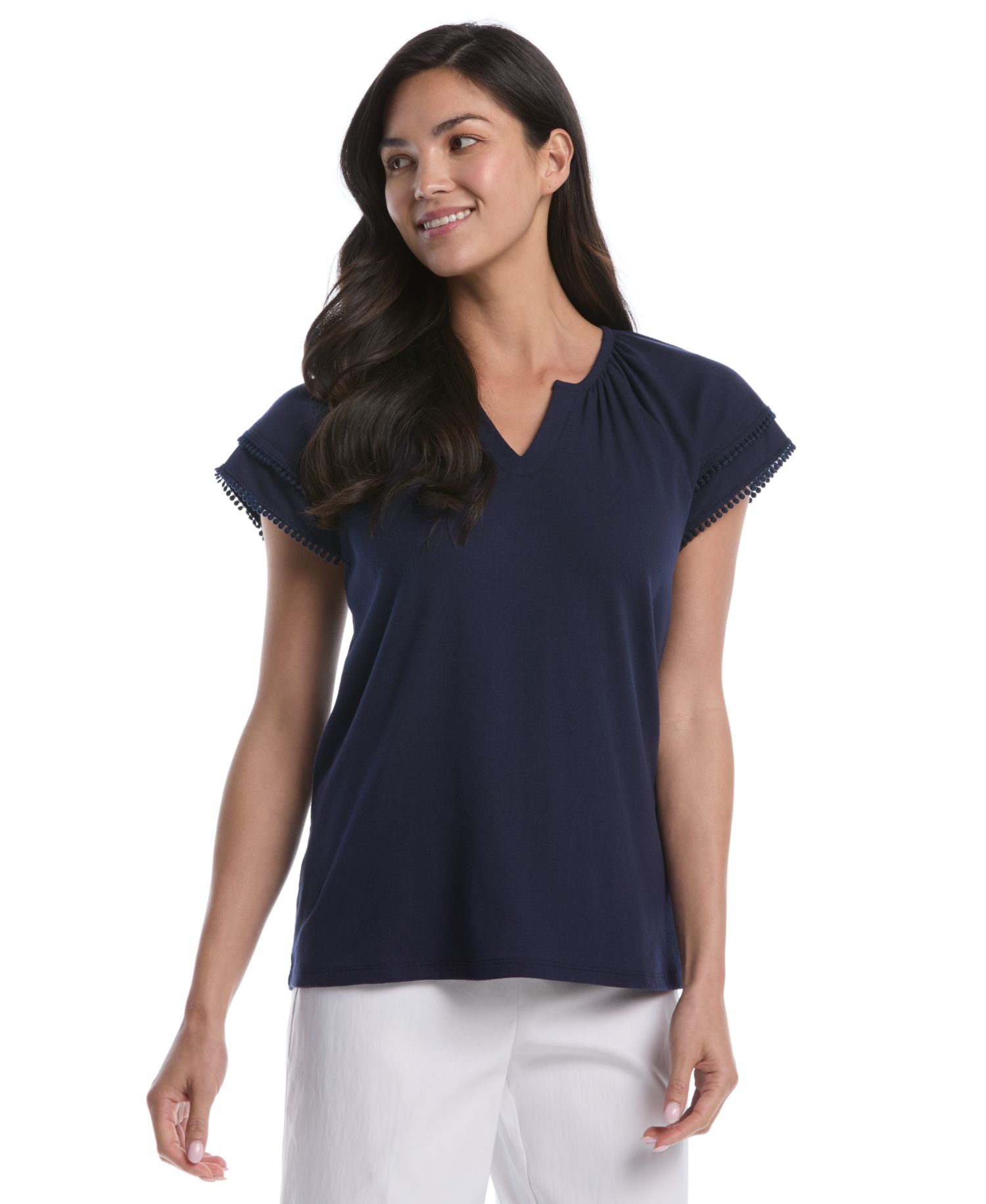 Petite Eyelet Flutter-Sleeve Split Neck Short-Sleeve Top