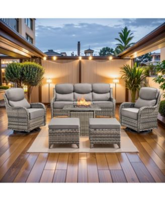 Patio Furniture Set with Fire Pit Table, Outdoor Patio Conversation Sets, 6 Pieces 7 Seats Wicker Outside Sectional Sofa Set