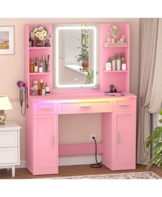 Vanity Desk with Mirror, Farmhouse Vanity with RGB Lights and 3 Drawers