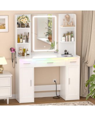 Vanity Desk with Mirror, Farmhouse Vanity with RGB Lights and 3 Drawers