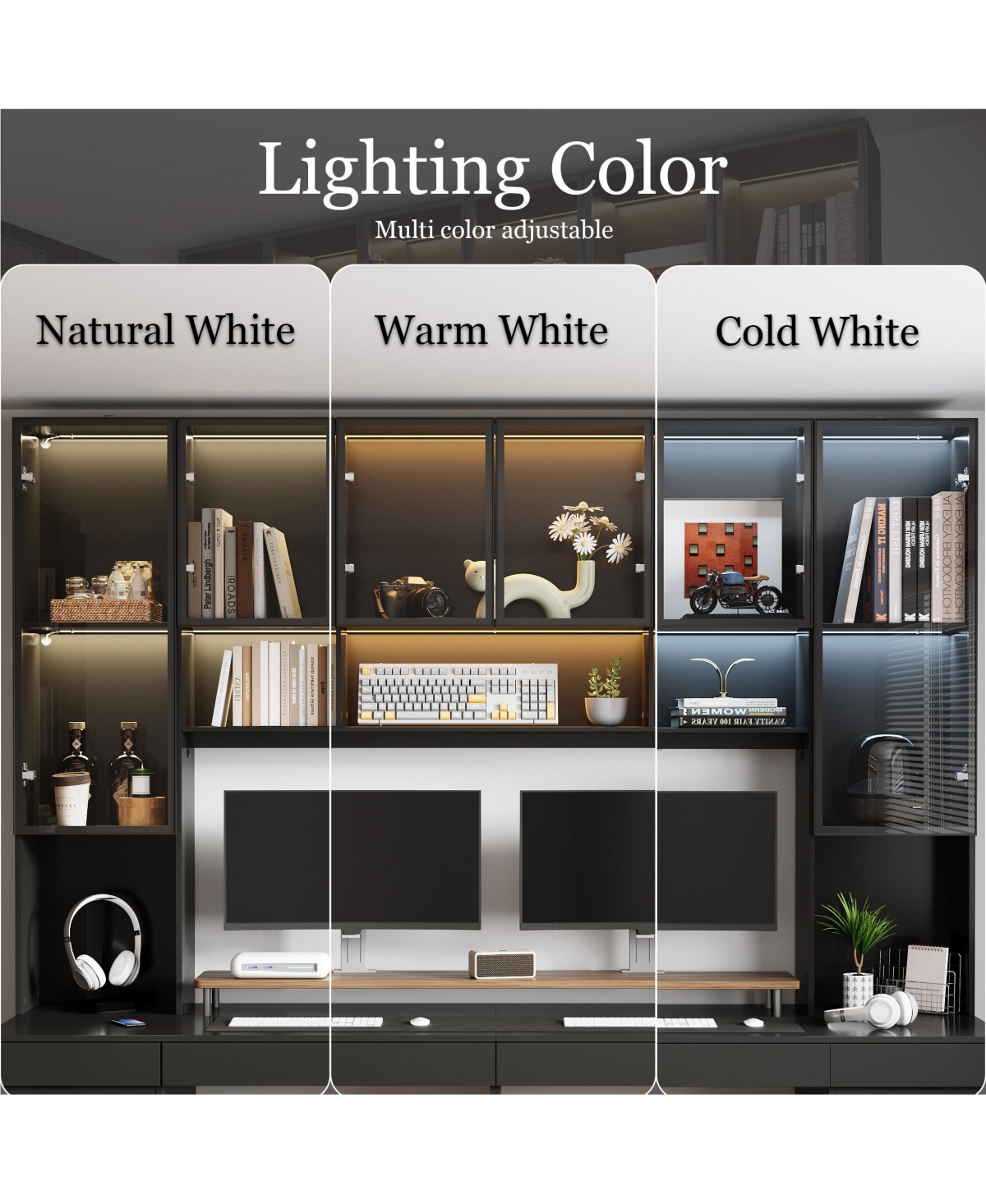 Homsee Giant 90.6 Inch 8-Door 4-Drawer Desk ,Aluminum Frame Glass Cabinet, 3-Color Led Lighting, Home Office Conference Table