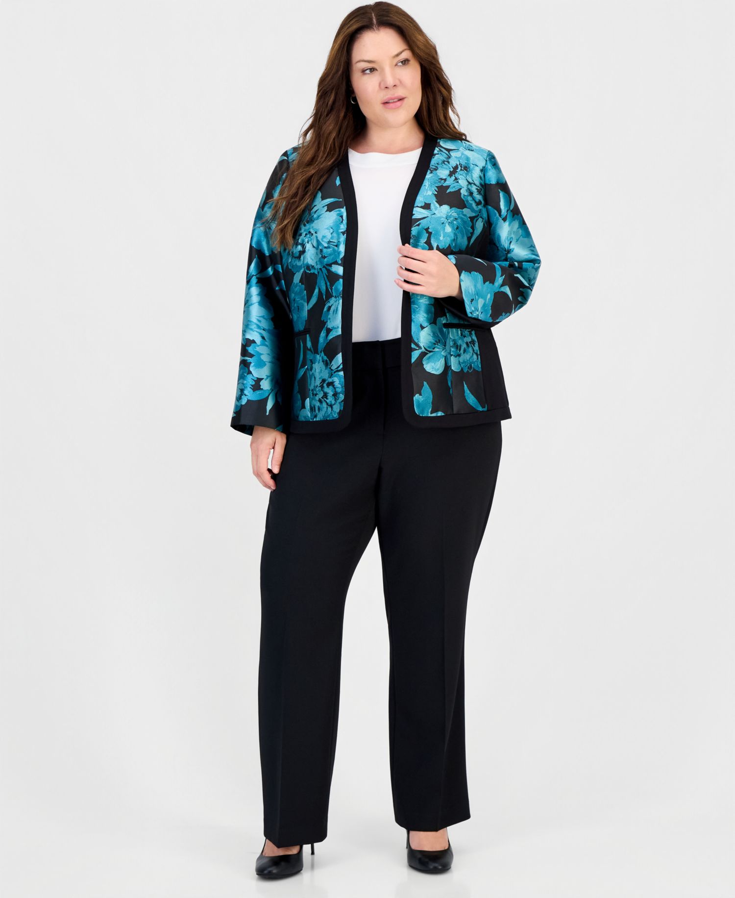 Plus Size Open-Front Floral Collarless Cardigan