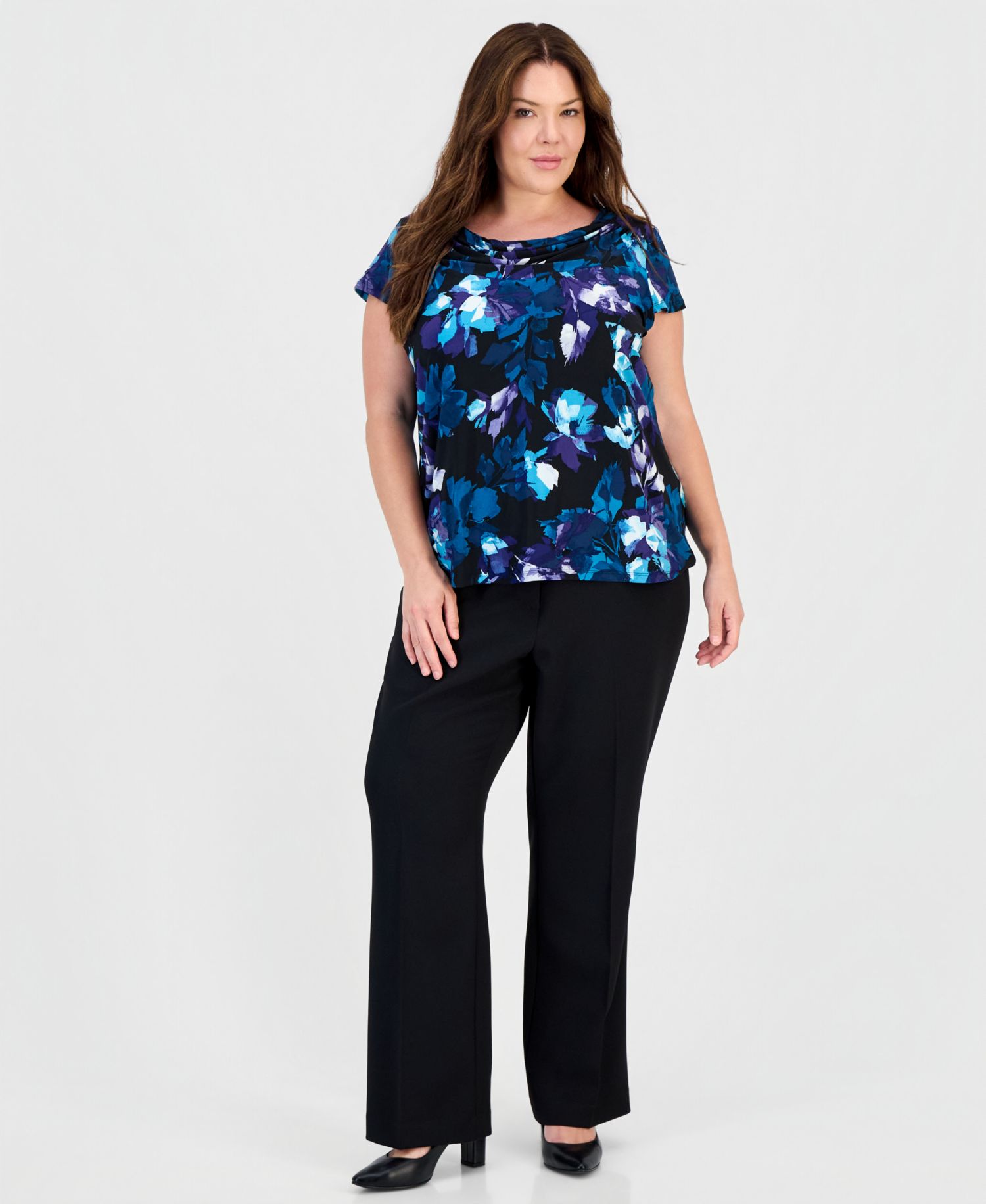 Plus Size Floral-Print Cowl-Neck Cap-Sleeve Blouse