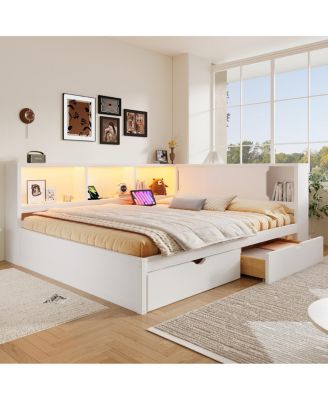  Wood Daybed with Storage Shelves, USB, LED, and 2 Drawers