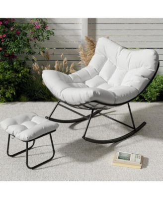 Oversized Papasan Rocking Chair, Outdoor Lounge Chair with Footrest for Balcony Backyard Porch