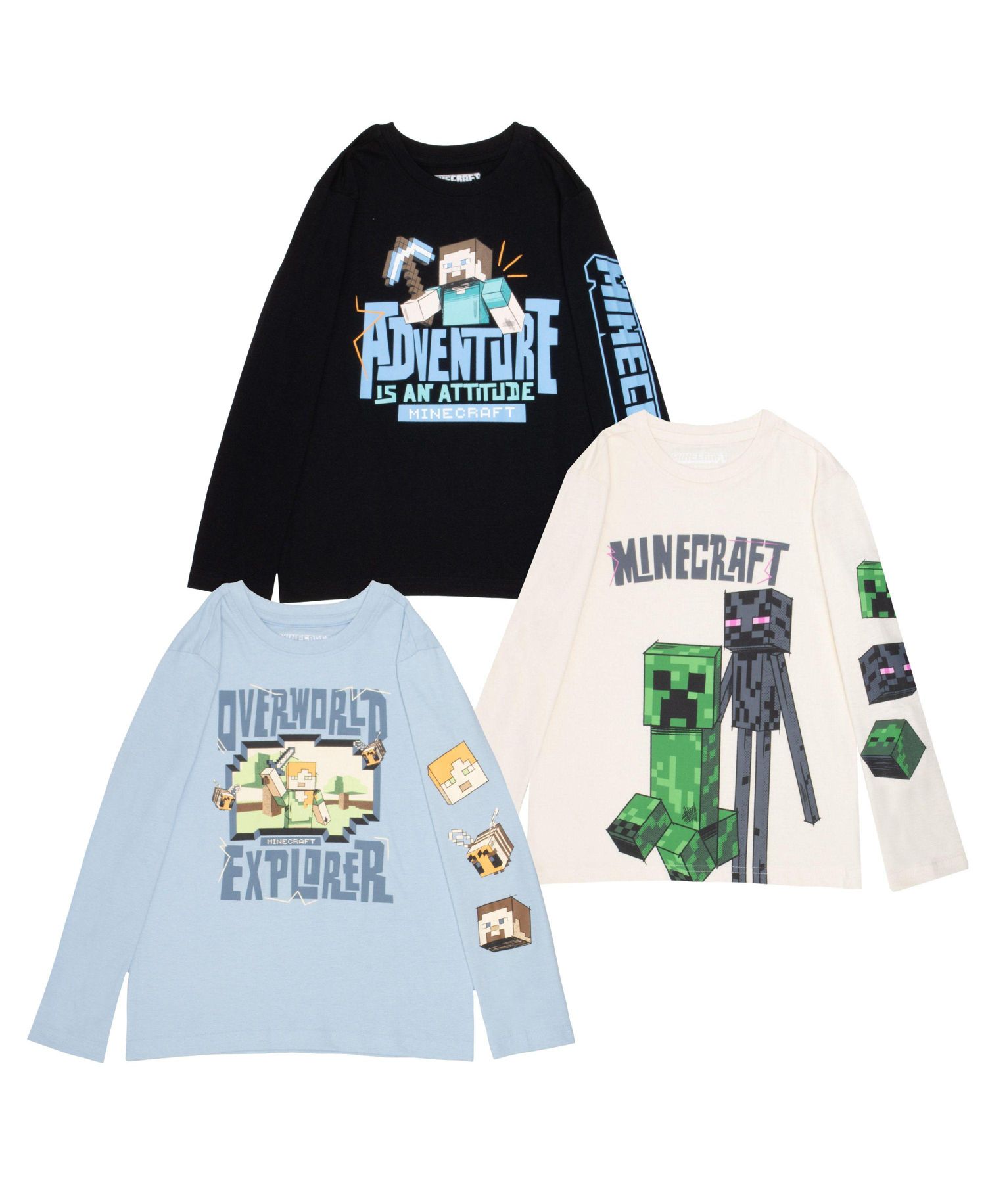 Steve, Creeper, Zombie, Skeleton Little Boys 4-16 3 Pack Long Sleeve Tees