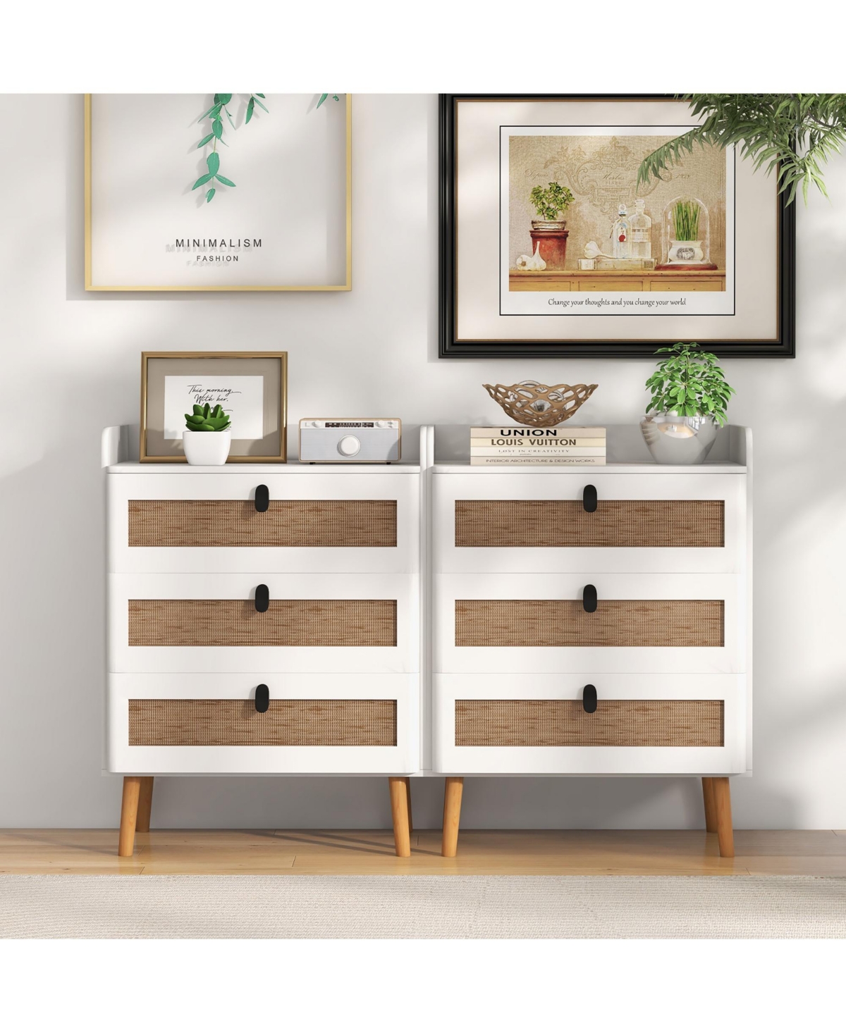 Gymax 2 Pieces Modern Nightstand End Bedside Table with 3 Rattan Drawers and Solid Wood Legs