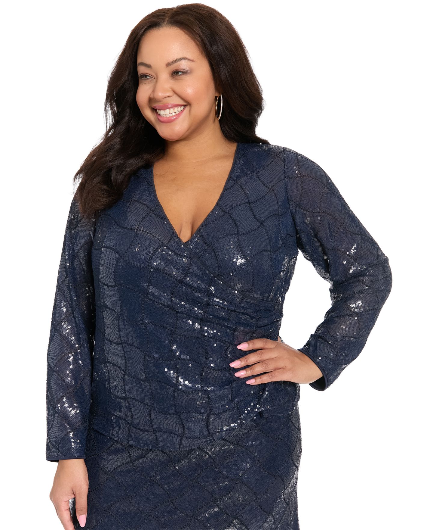Женский топ Muse Plus Size Long-Sleeve Sequined Wrap, цвет: Тёмно-синий — фото 1