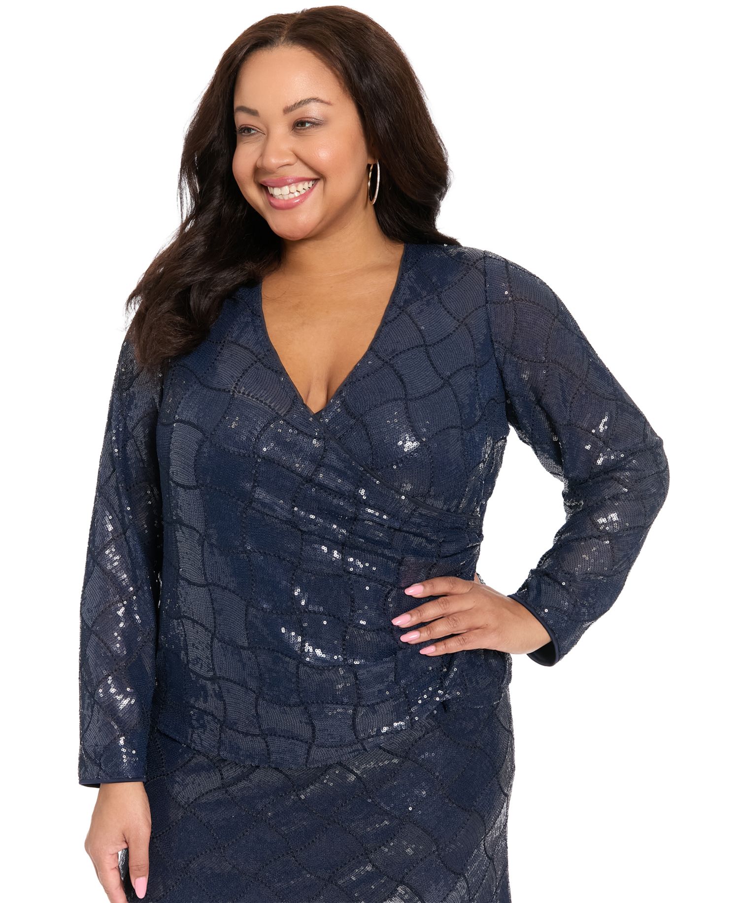 Plus Size Long-Sleeve Sequined Wrap Top