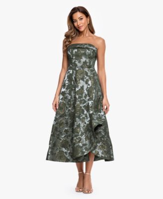 Women's Strapless Brocade Asymmetrical Hem Midi Dress