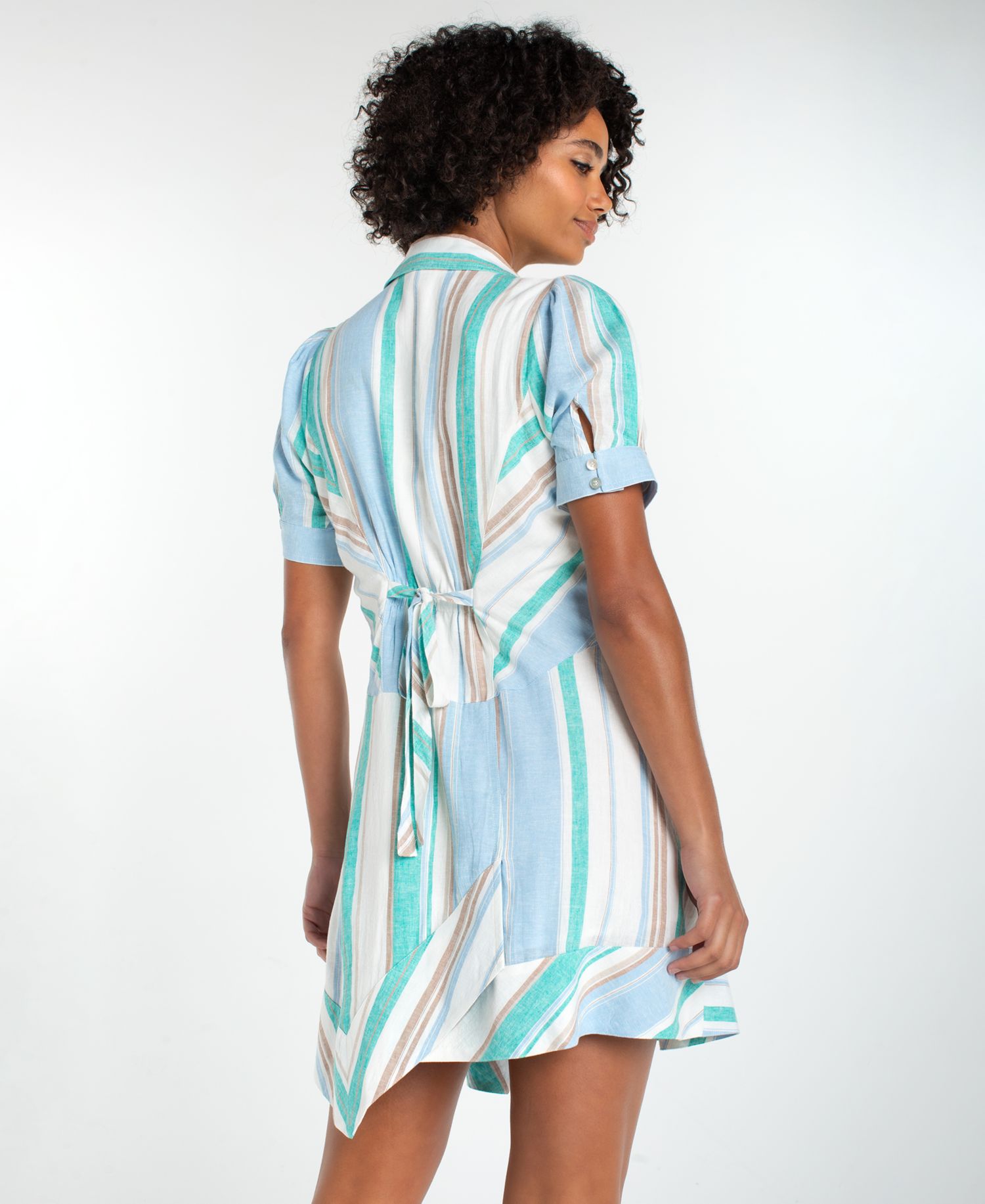 Women's Short-Sleeve Asymmetrical Hem Woven Shirt-Dress