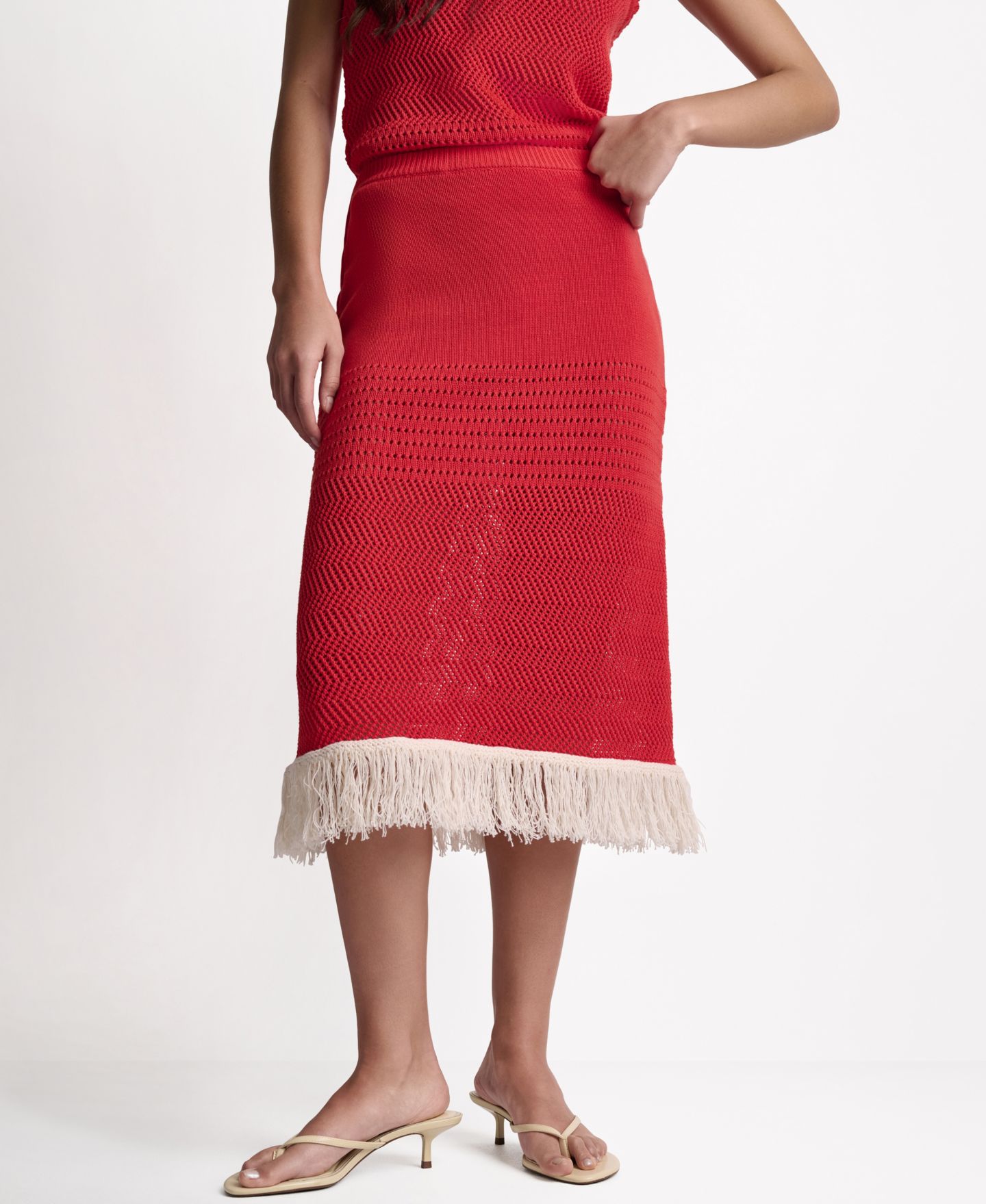 Женская юбка BCBG Fringe Pointelle A-Line Midi, цвет: Firelily/Buttercream — фото 1