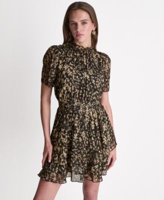 Women's Printed Puff Short-Sleeve Mock-Neck Dress