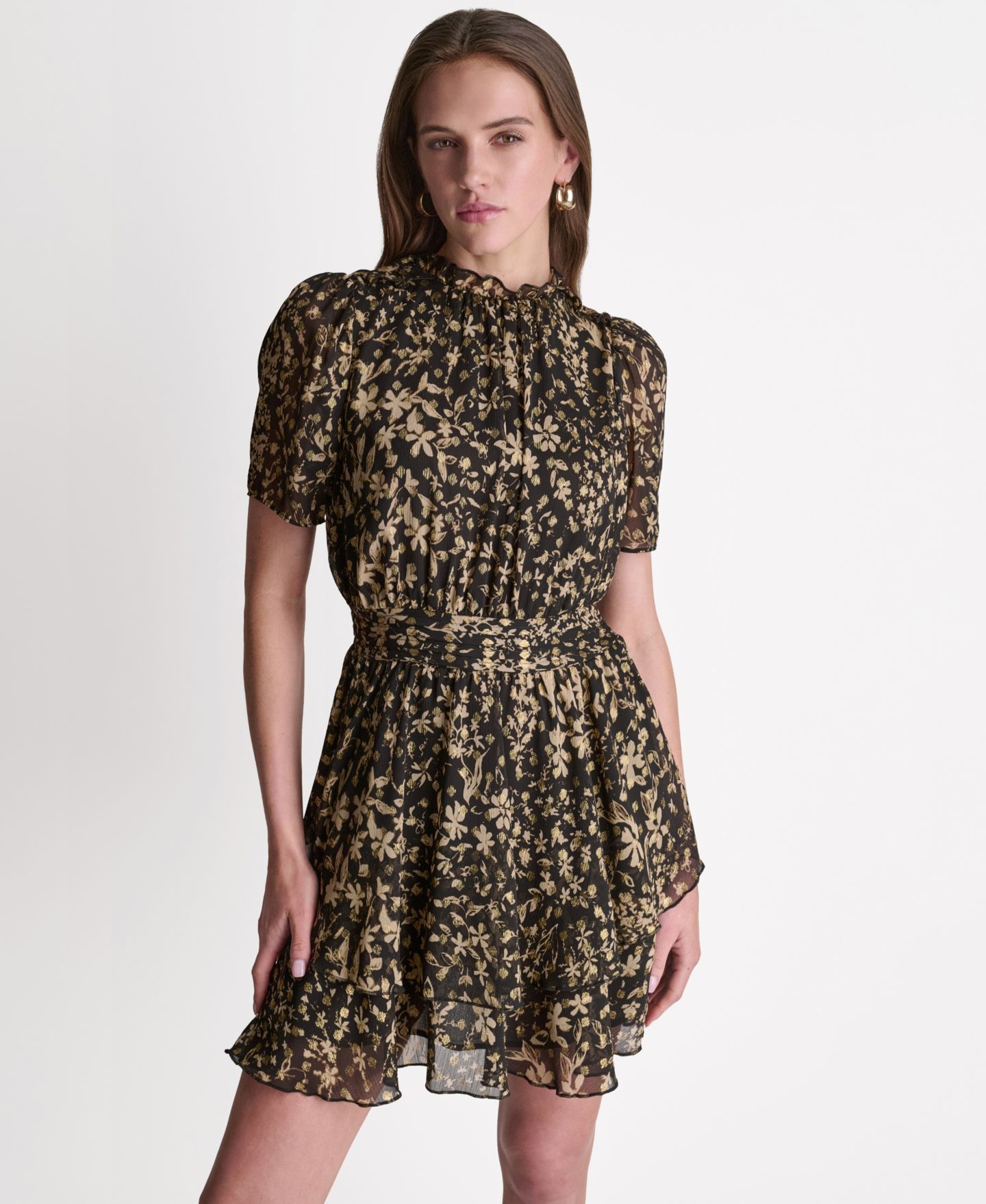 Женское платье BCBG Printed Puff Short-Sleeve Mock-Neck, цвет: Бежевый — фото 1