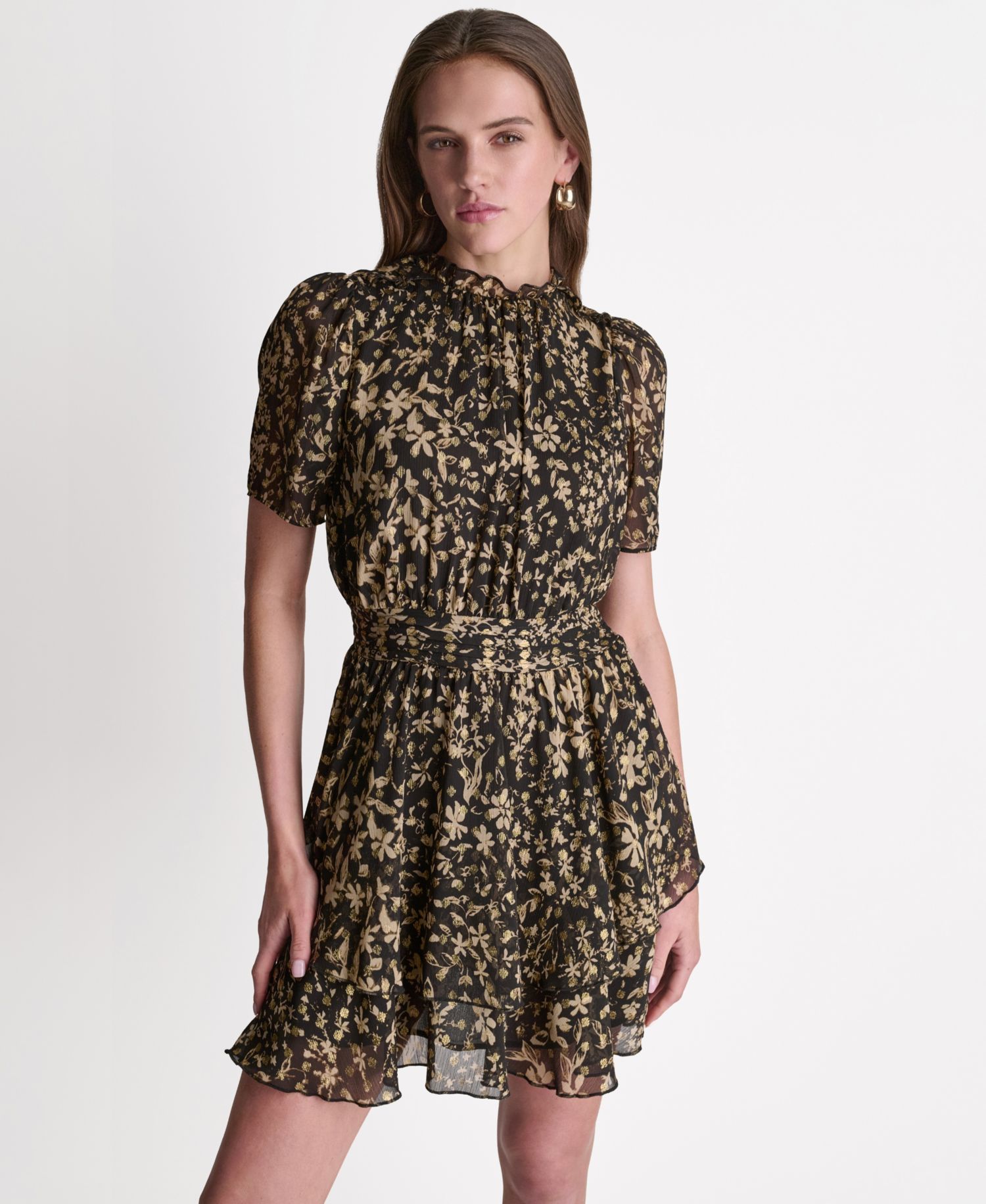 Women's Printed Puff Short-Sleeve Mock-Neck Dress