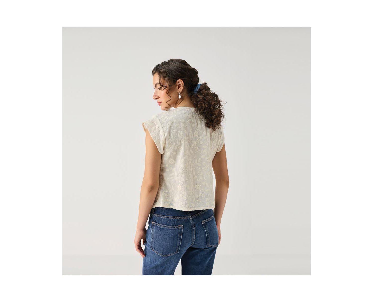 Women's Cream Embroidered Deep V-Neck Top
