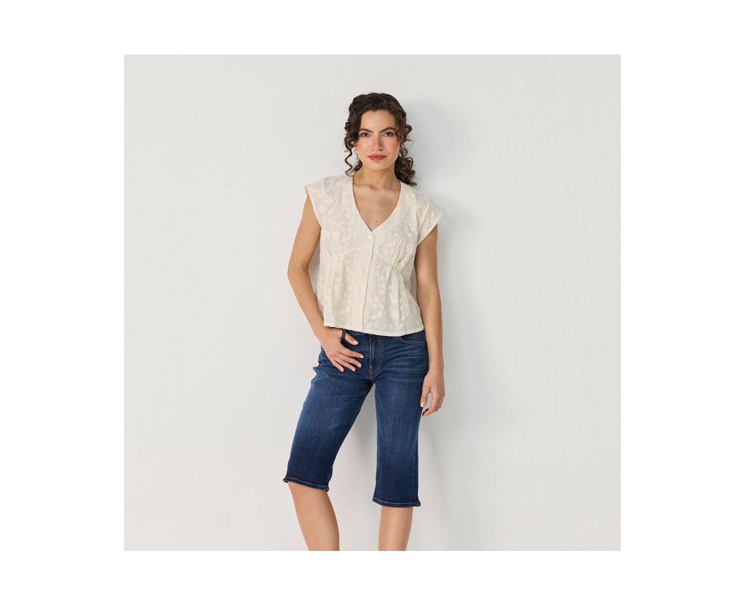 Women's Cream Embroidered Deep V-Neck Top