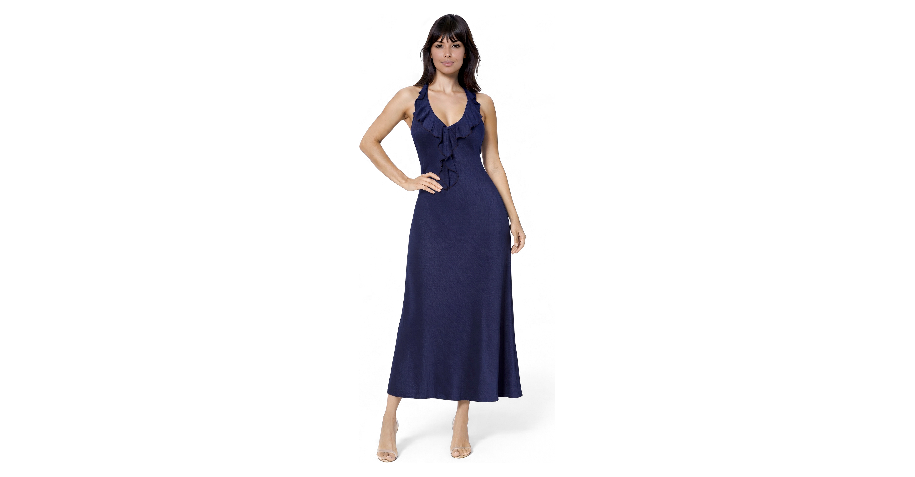 Bebe Women's Crushed Satin Ruffle Halter Maxi Dress