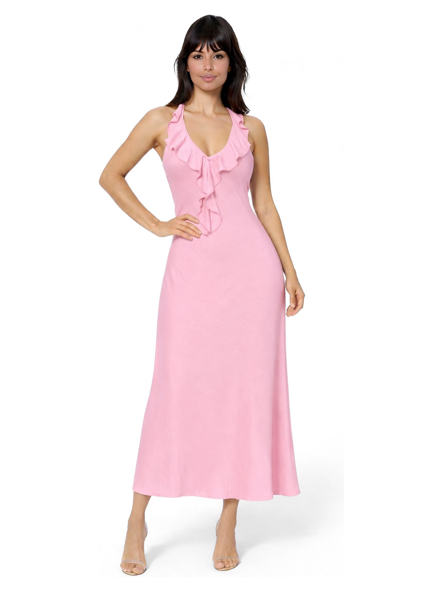 Women's Crushed Satin Ruffle Halter Maxi Dress
