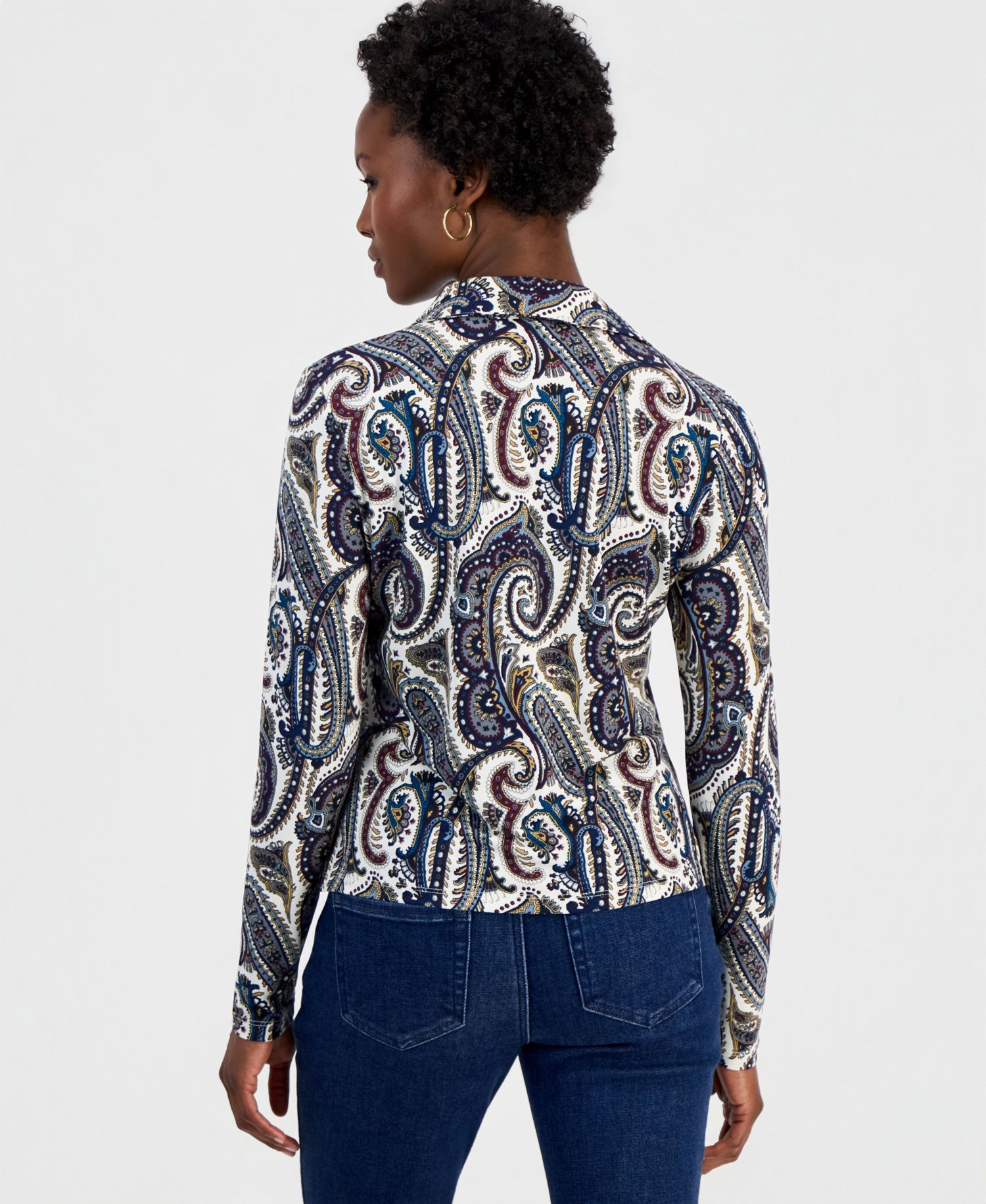 Petite Paisley Long-Sleeve Johnny Collar Top
