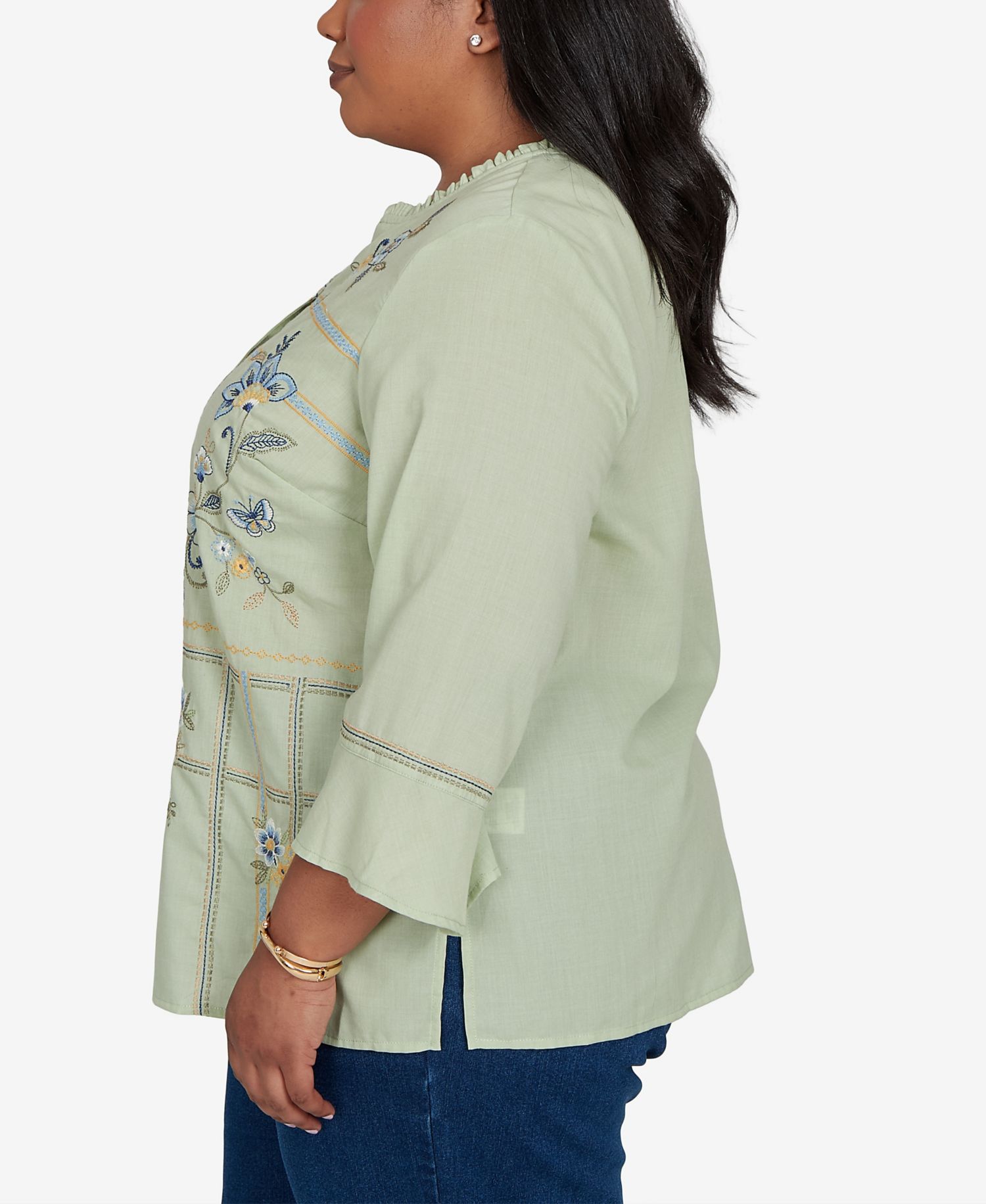 Plus Size Floral Embroidered Squares Button-Front Top