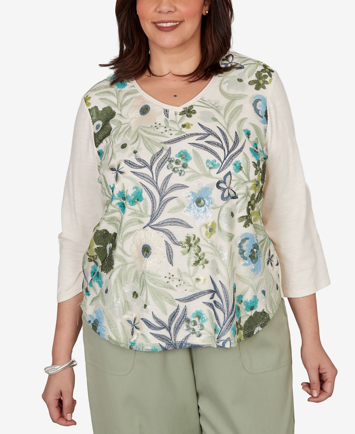 Plus Size Sequined Floral Mesh Overlay Knit Top