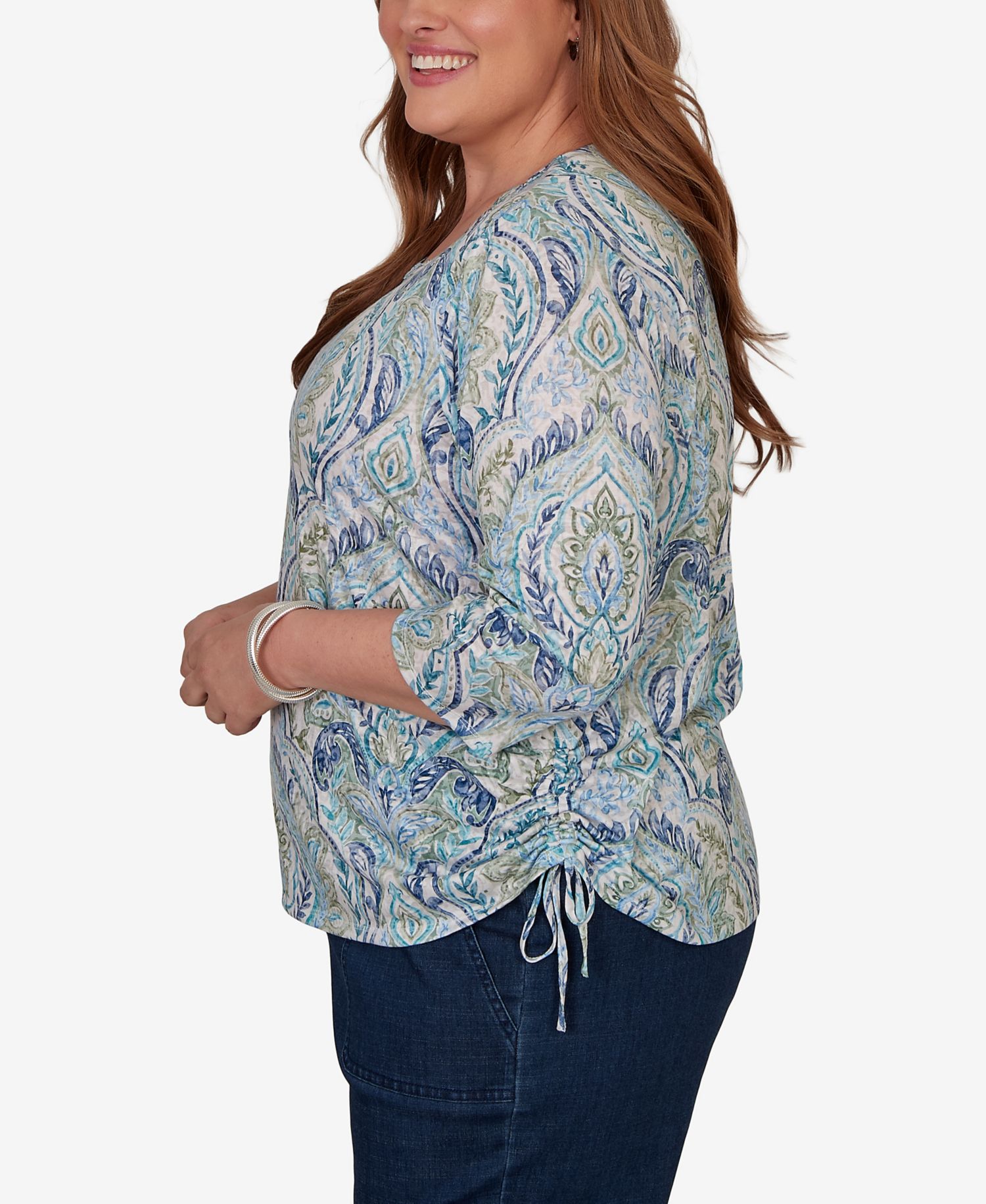 Plus Size Medallion Print Braided Neck Top