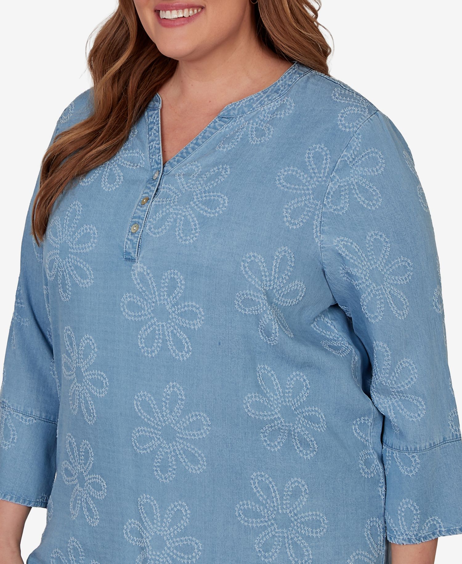 Plus Size Camden Market Tonal Embroidered Soft Henley Top