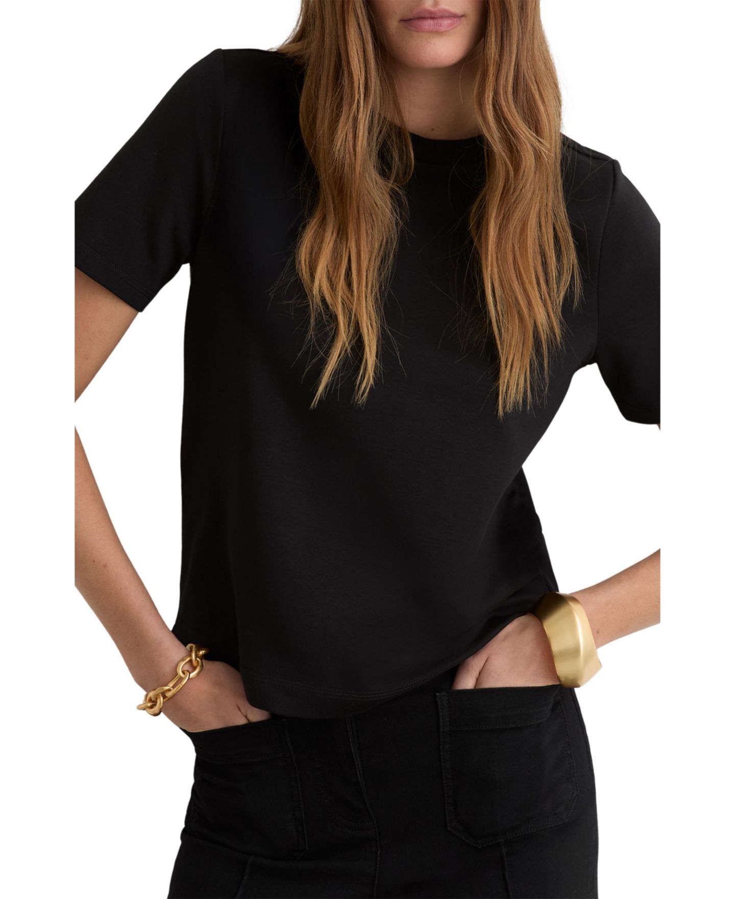 Женская футболка REISS Stretch-Cotton Ribbed-Neck, цвет: Чёрный — фото 2