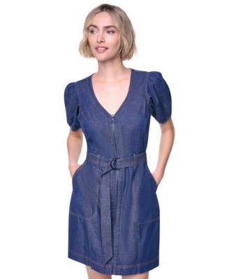 Women's Puff-Sleeve Belted V-Neck Dress