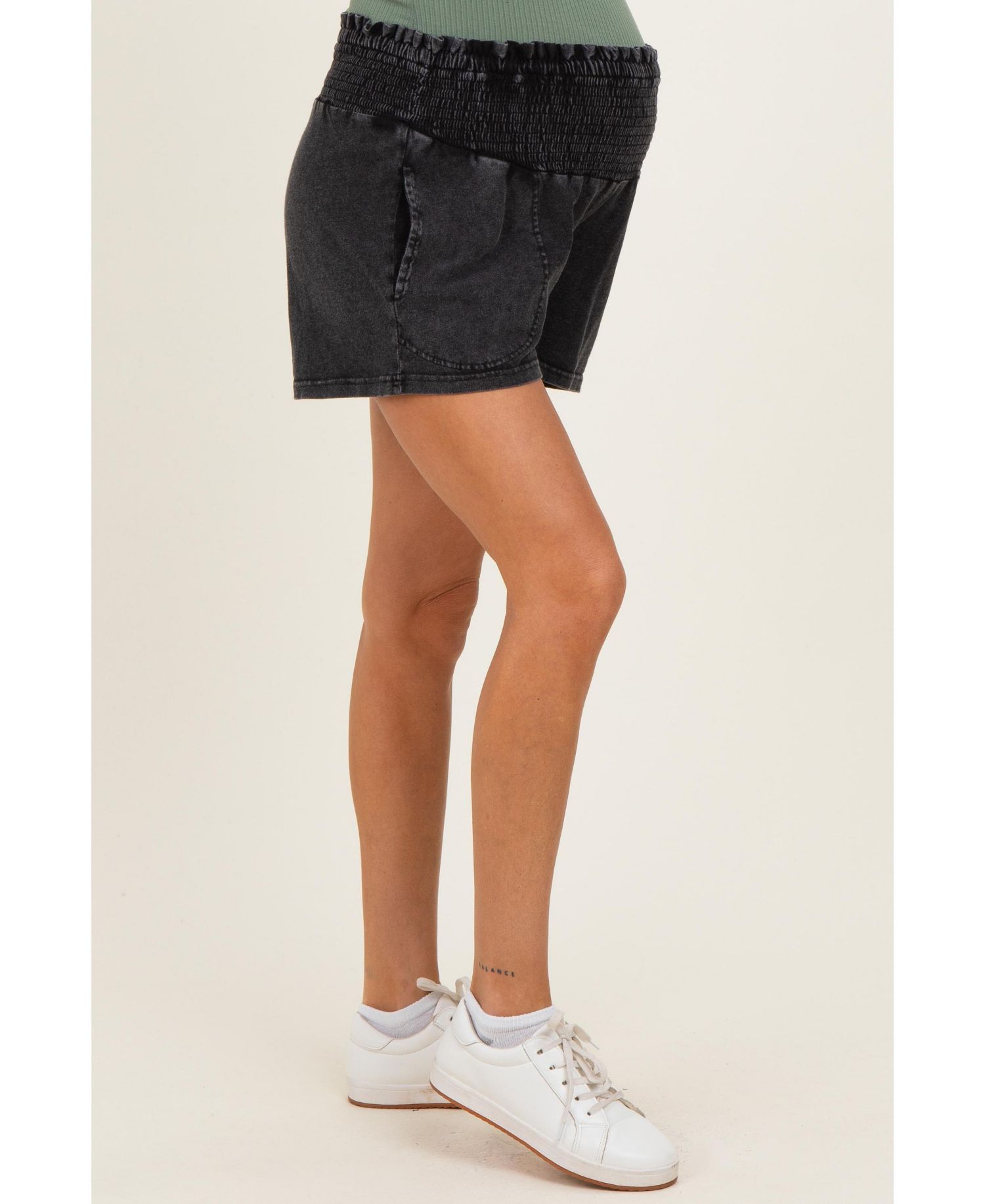 Women's Black Smocked Waist Mineral Wash Shorts