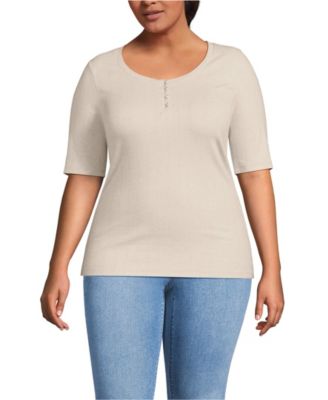 Plus Size Elbow Sleeve Variegated Micro Rib Scoop Neck Henley