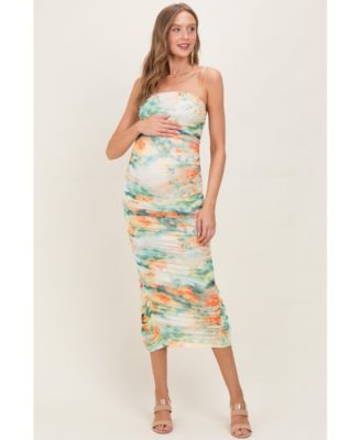 Women's Green Watercolor Floral Mesh Ruched Sleeveless Dress