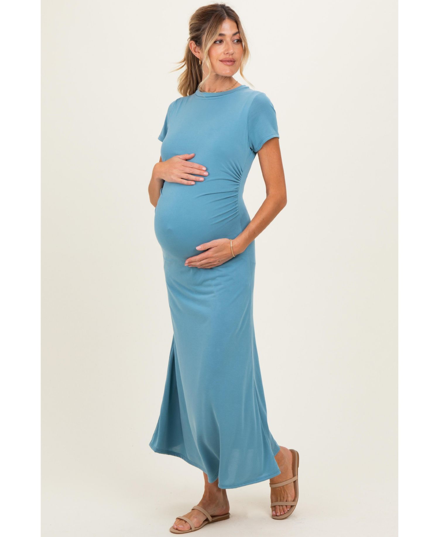 Women's Blue Short Sleeve Ruched Midi Dress