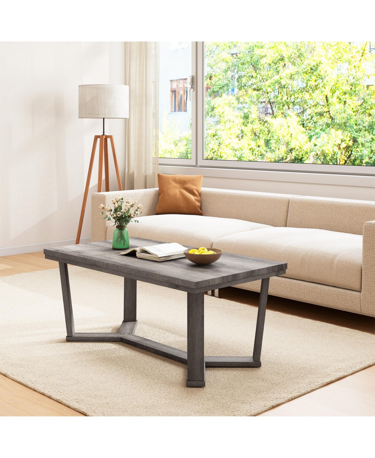 Gymax Coffee Table Solid Rubber Wood Center Table With Cross-Shaped Base Accent Table