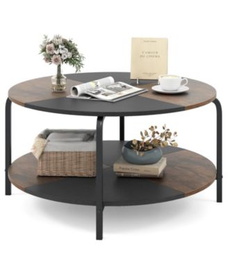 2-Tier Round Coffee Table With Storage Shelf Metal Frame for Living Room Apartment