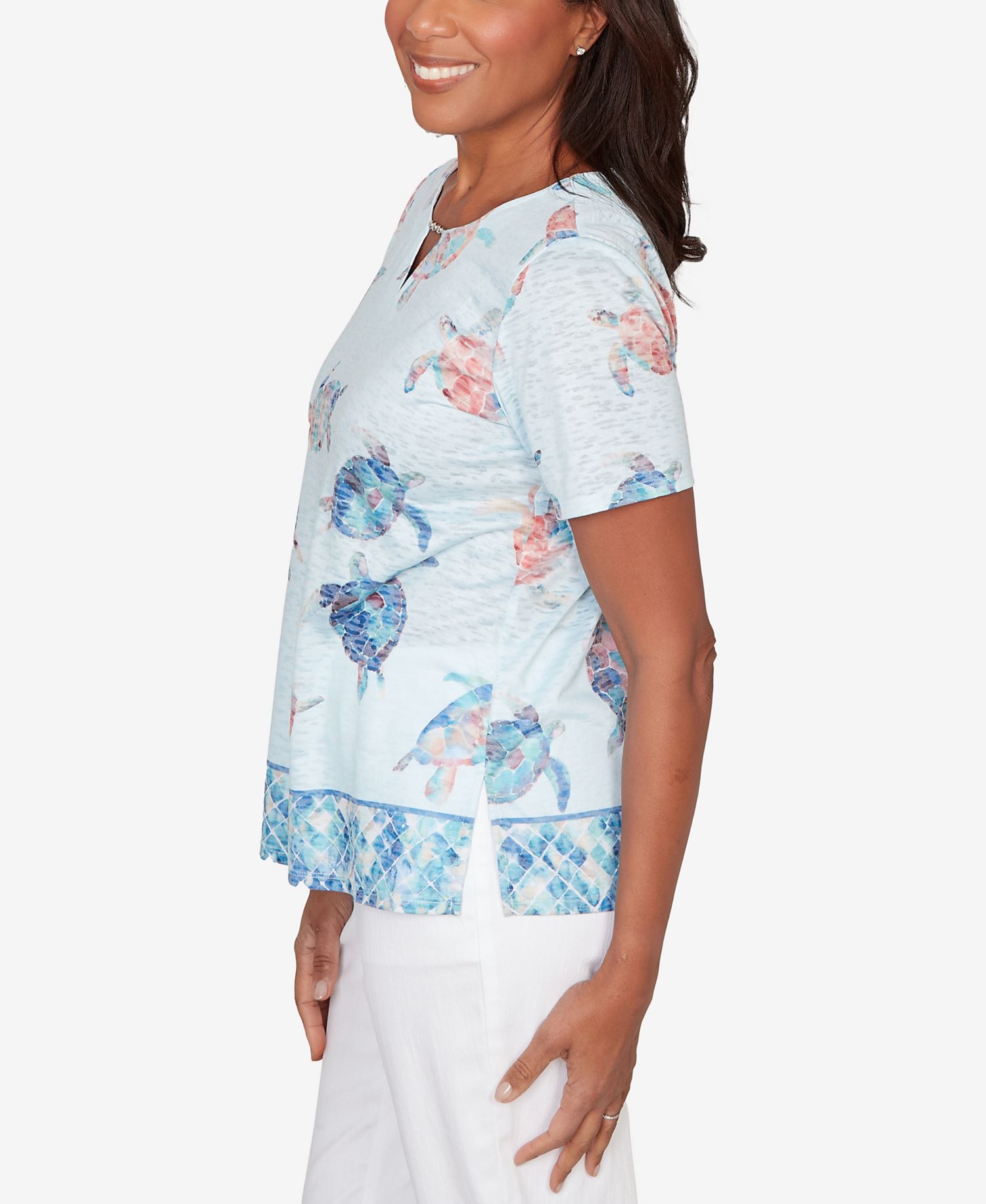 Petite Sea Turtle Border Split Neck Top