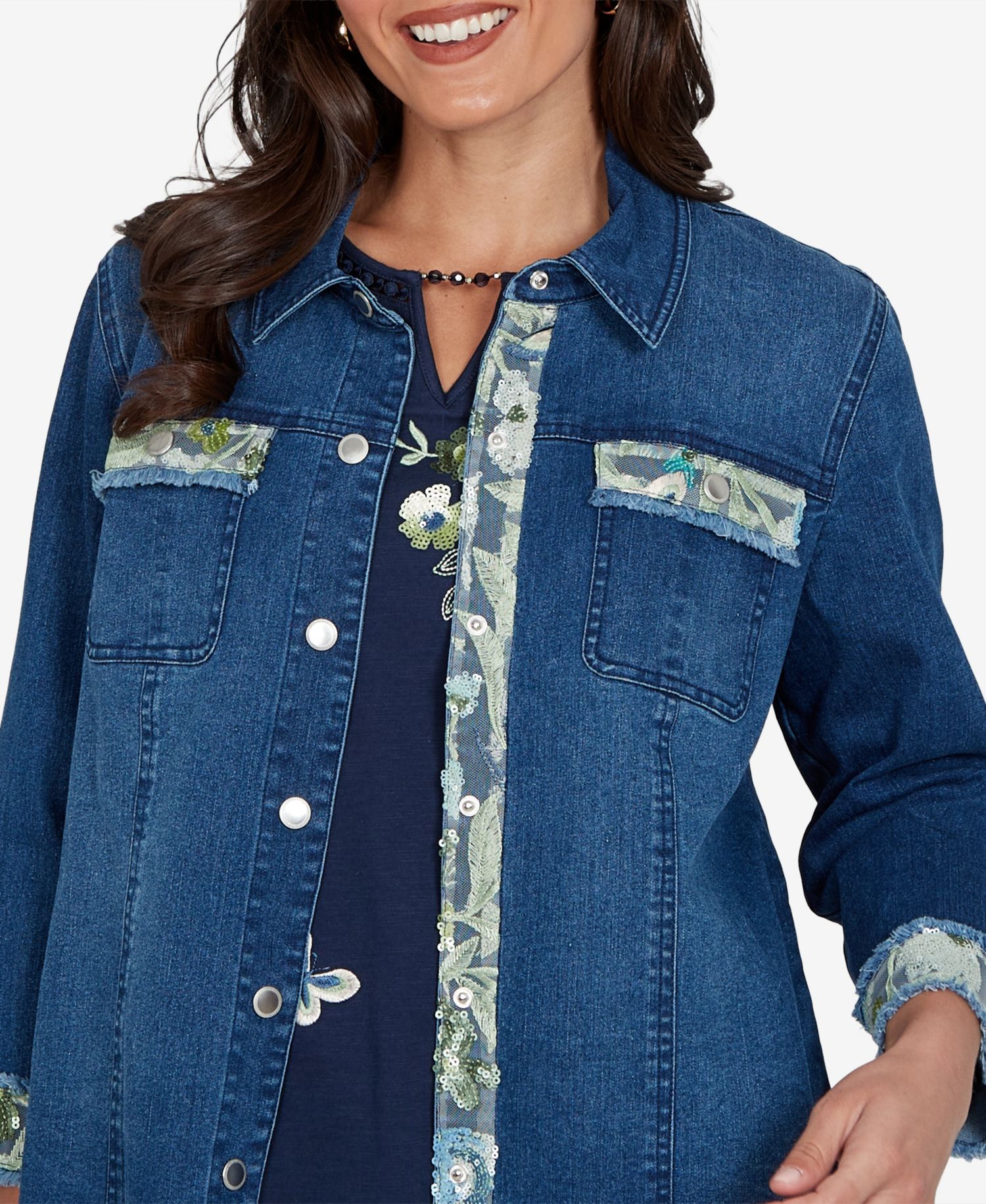Petite Sequin Embellished Stretch Denim Jacket