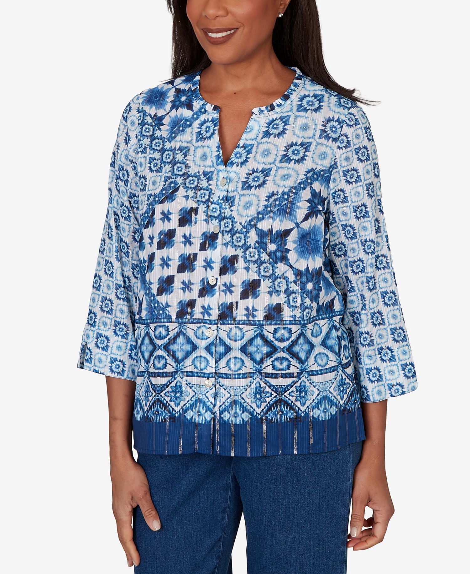 Petite Ikat Tie-Dye Patchwork Henley Top