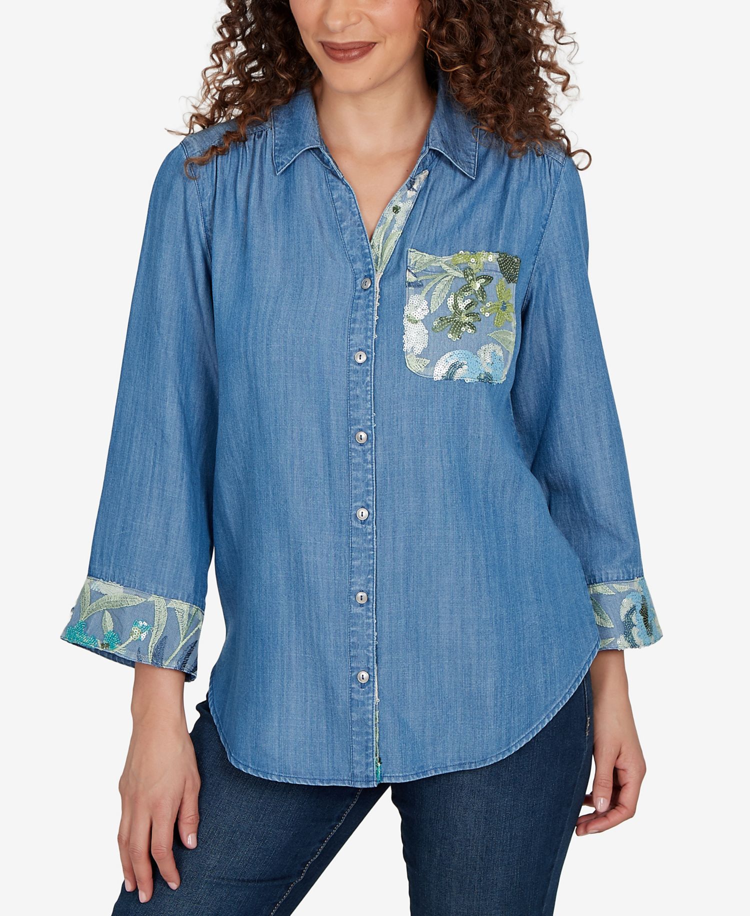 Petite Soft Lyocell Denim Sequined Button-Front Top