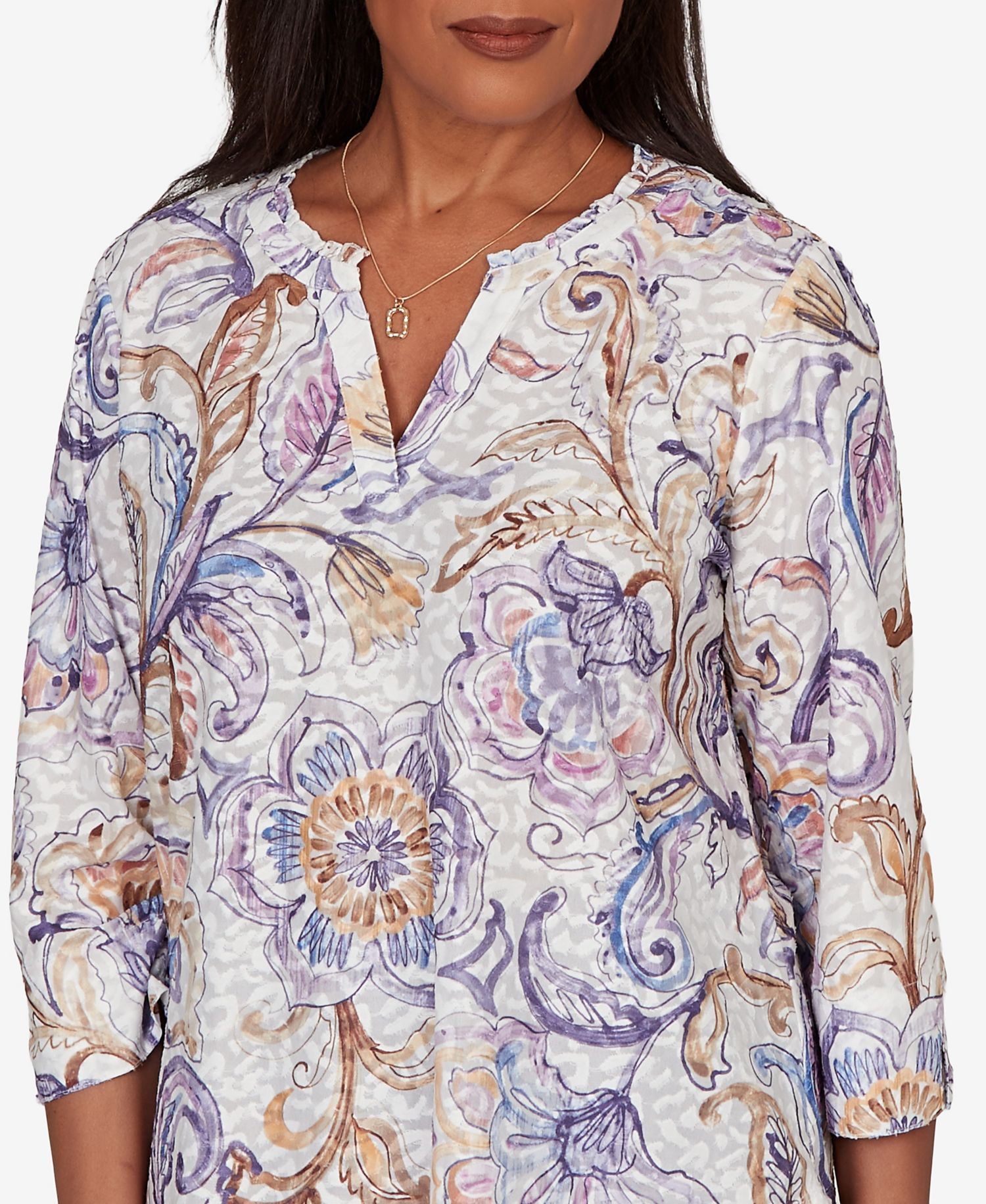 Petite Grand Bazaar Jacobean Floral Split Neck Top