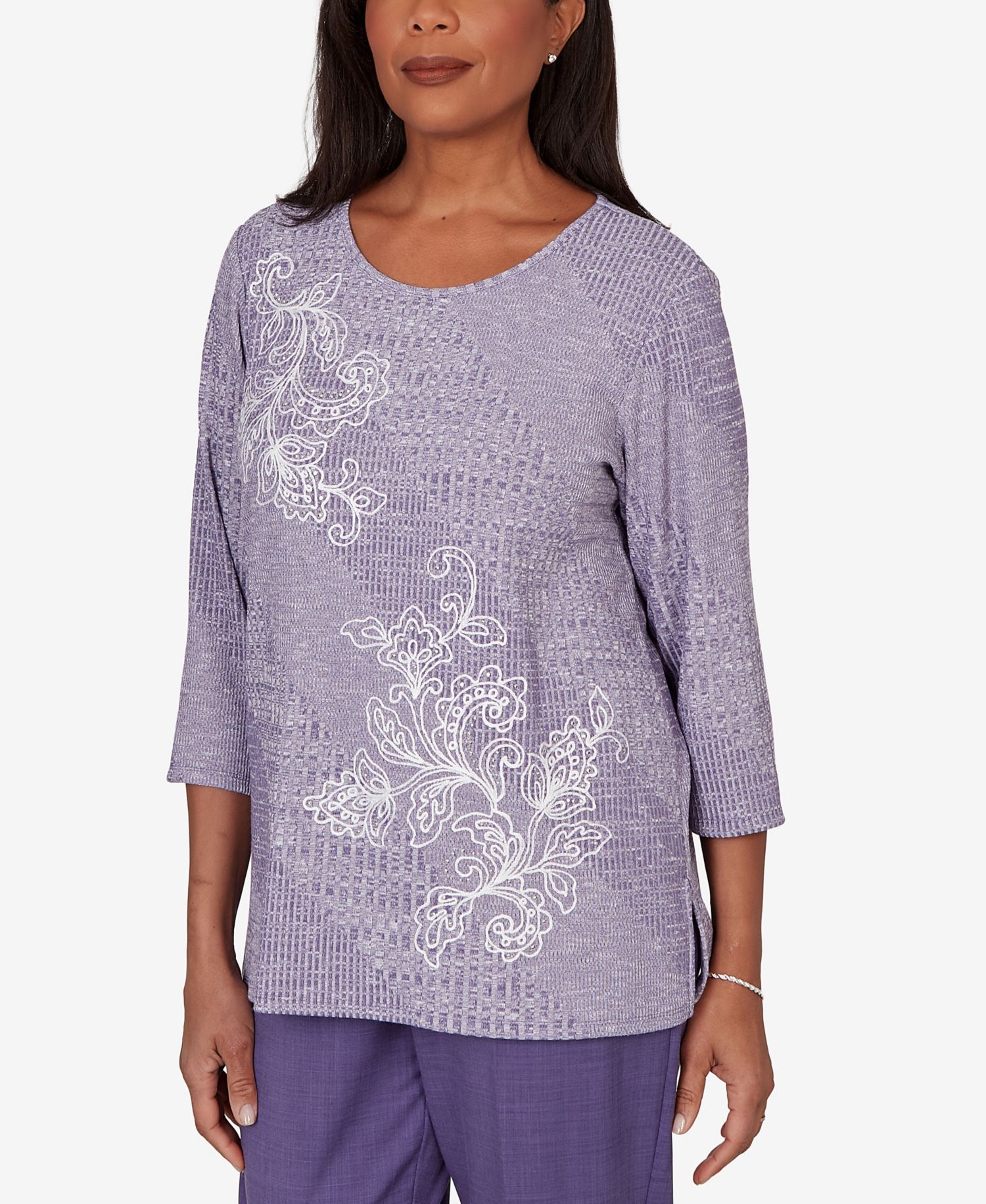Petite Grand Bazaar Embroidered Diagonal Textured Knit Top