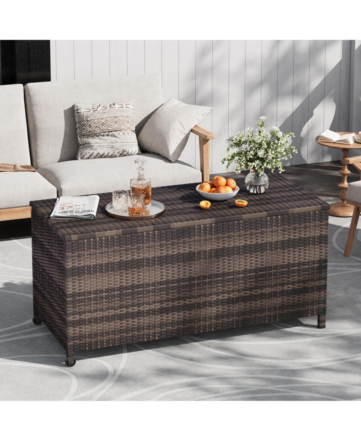 homfan Large Outdoor Storage Box with Wheels and Handles Waterproof Pe Rattan Deck Chest Spacious Weatherproof Bin for Garden, Balcony, Porch
