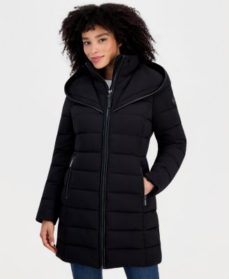 Women's Pleather-Trim Hooded Puffer Coat