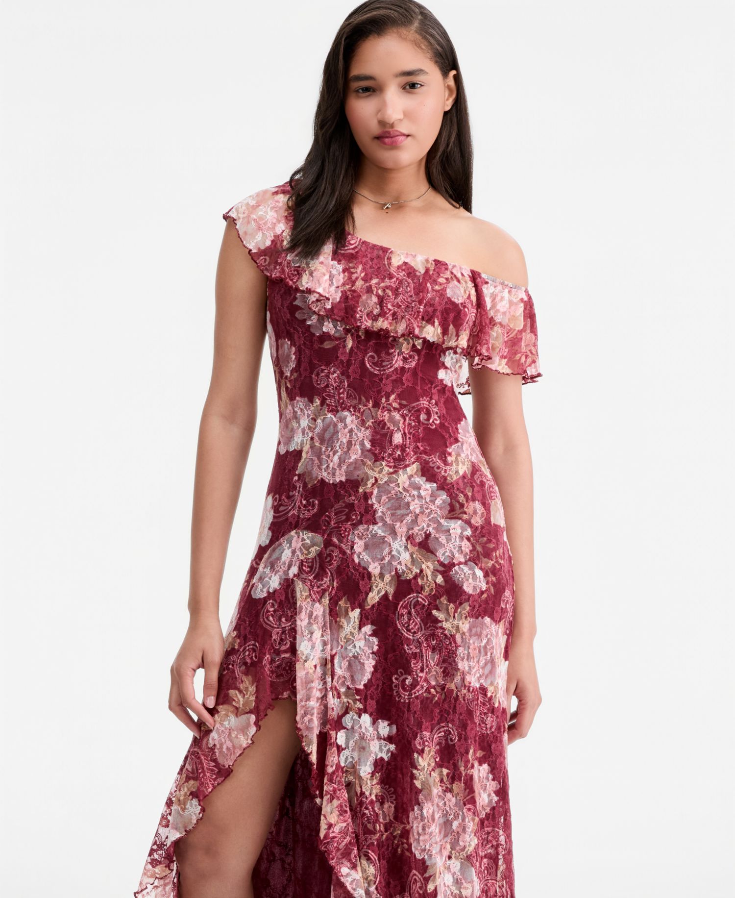Juniors' Floral Printed Lace One-Shoulder Ruffle Midi Dress