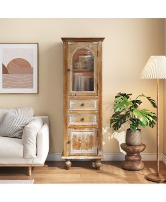 Farmhouse Tall Narrow Storage Cabinet with 2 Drawers and 2 Doors