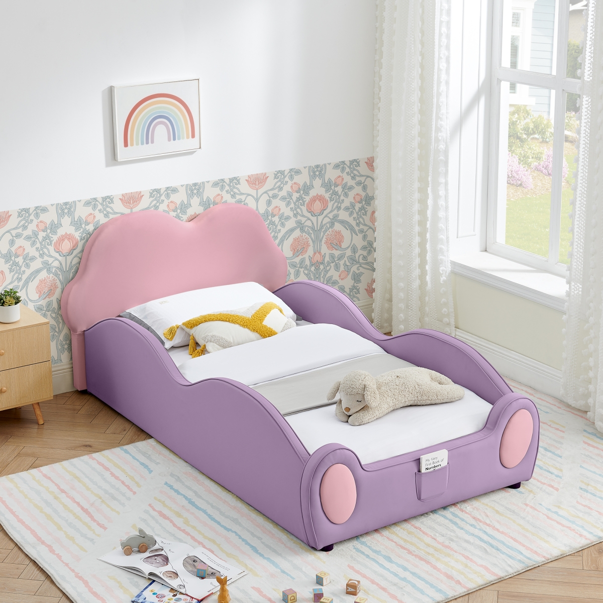 Streamdale Furniture Twin Size Cute Cloud Pu Leather Kids Bed with Guardrails and Storage