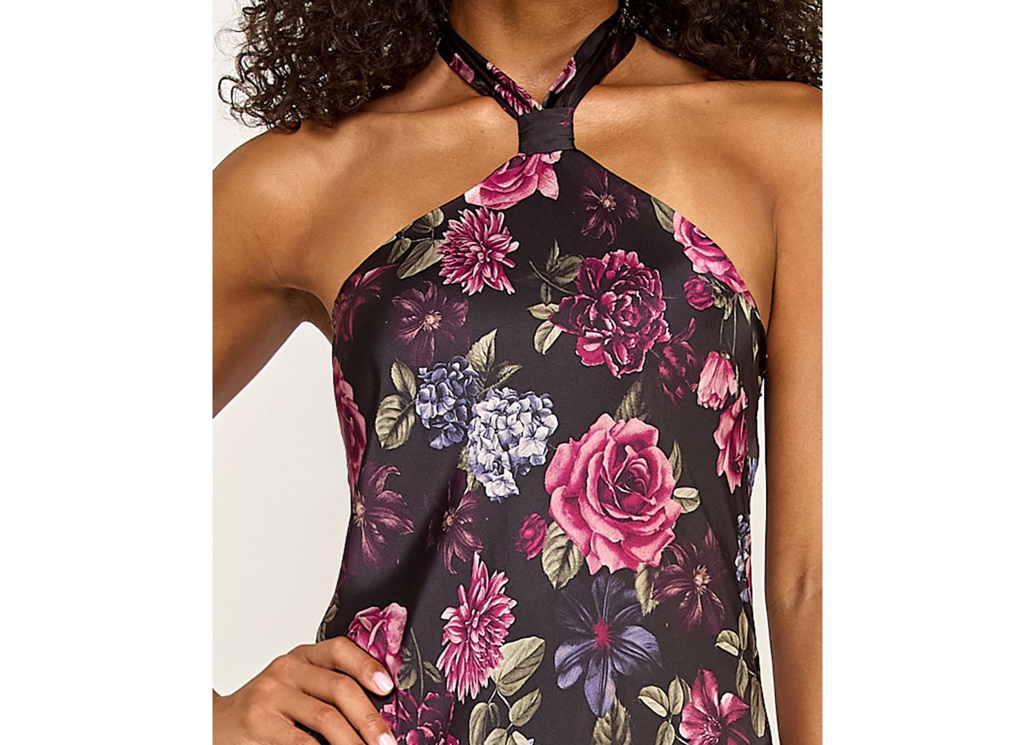 Juniors' Fringe Hem Floral Halter Neck Dress